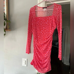 Caution to the Wind Orange and Pink Floral Bodycon Dress, Size Large